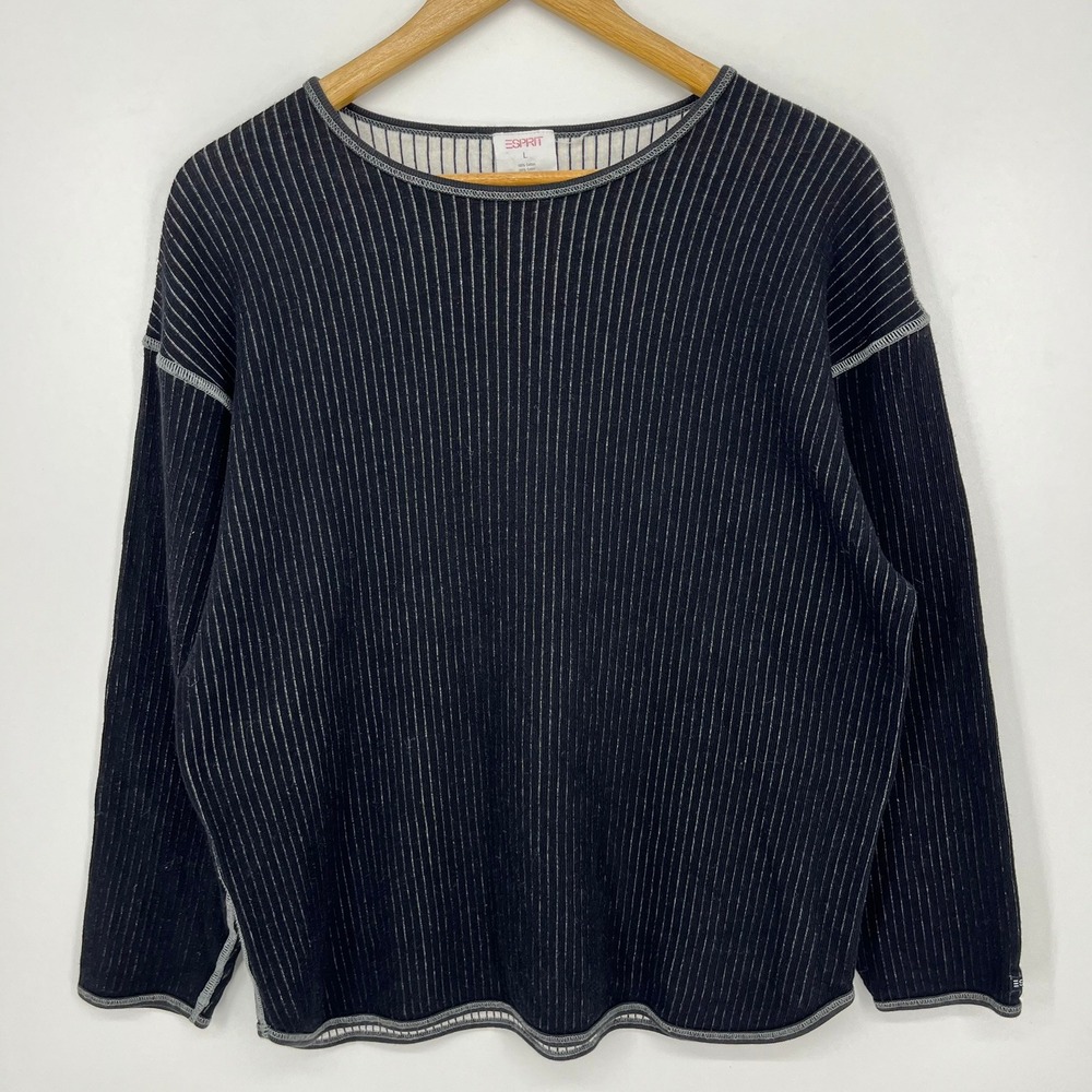Esprit Vintage Womens Large Black White Striped Ribbed Long Sleeve Top Cotton